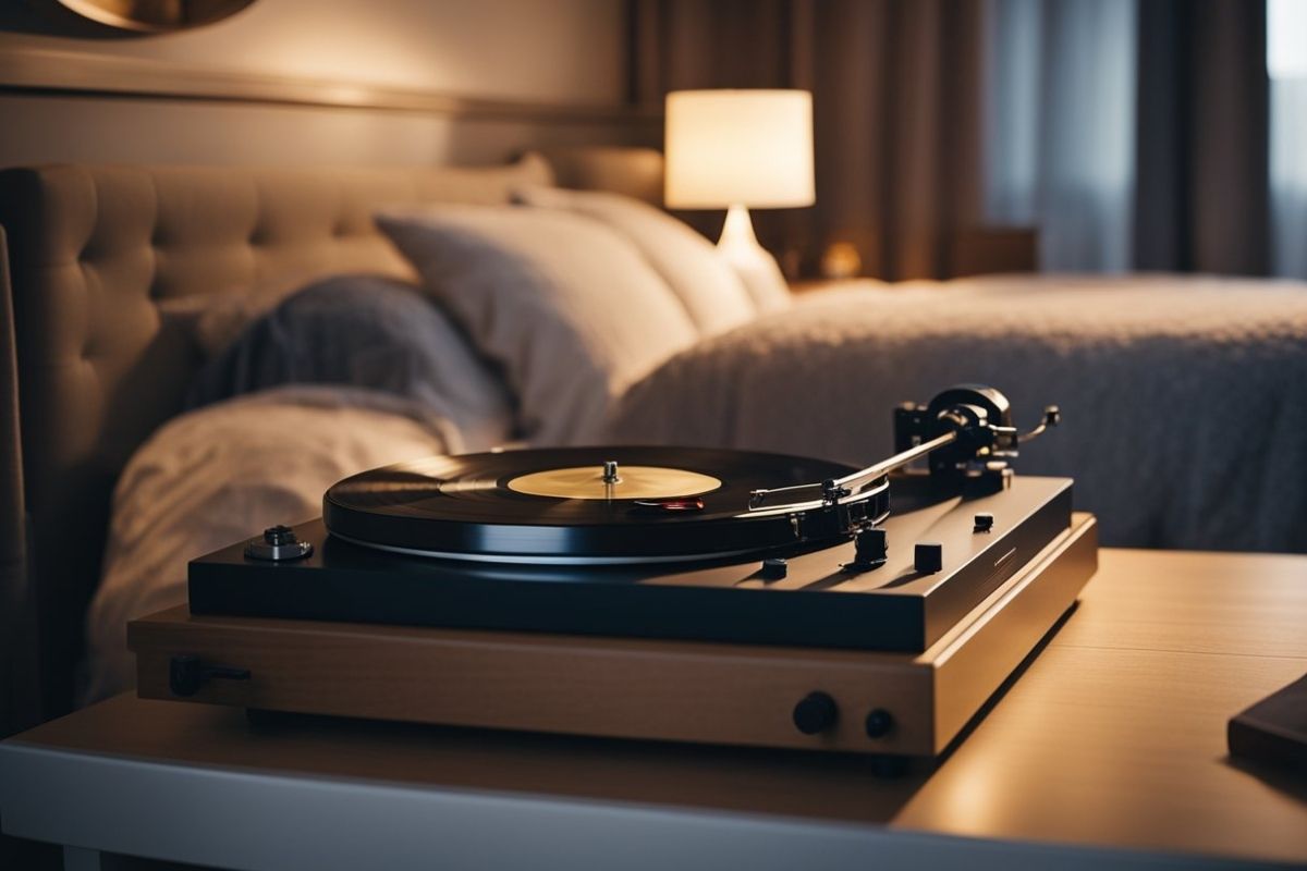 Record player beside a cozy bed illustrating how soothing background noise can create a relaxing sleep environment