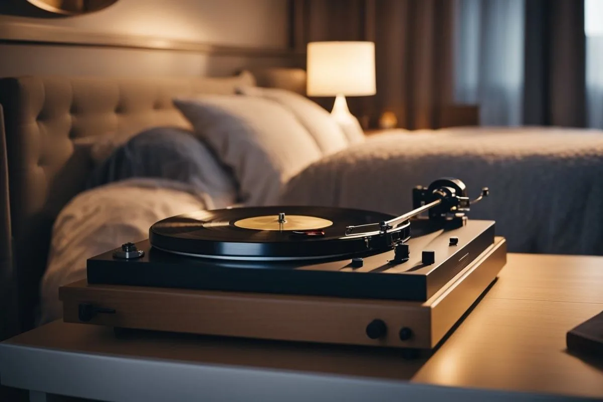 Record player beside a cozy bed illustrating how soothing background noise can create a relaxing sleep environment