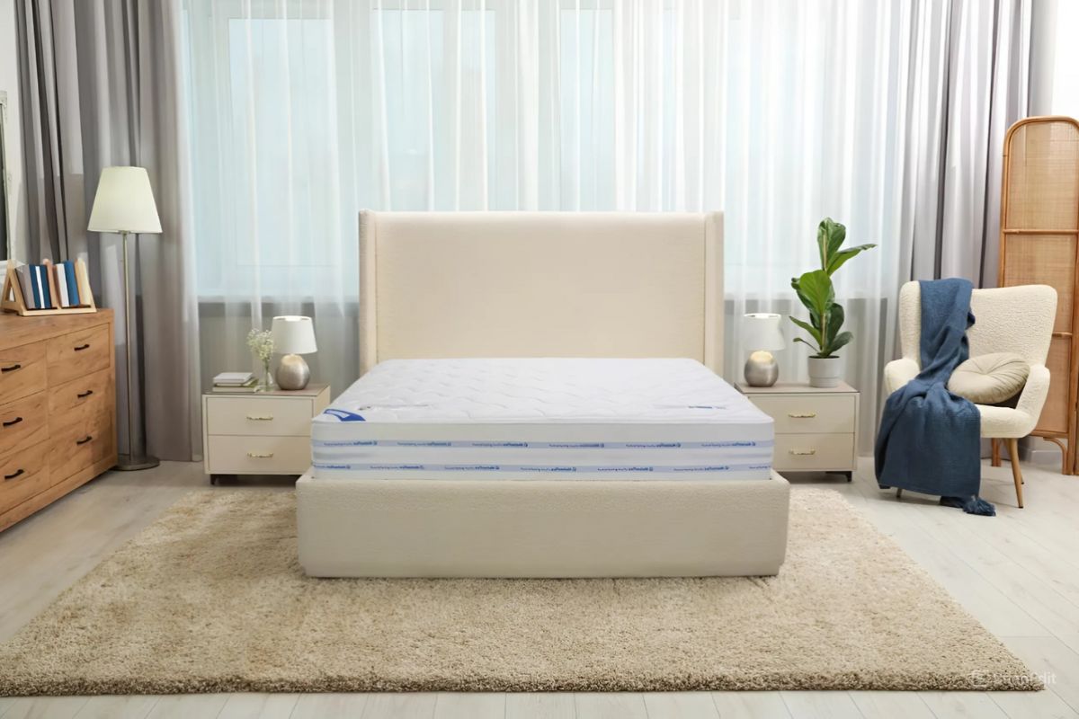 Medium mattress in a bedroom illustrating balanced firmness between soft cushioning and firm support