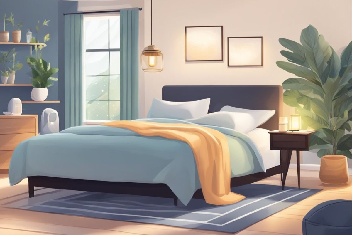 Cozy bedroom with soft lighting and plants showing a calming sleep environment enhanced by aromatherapy and relaxation