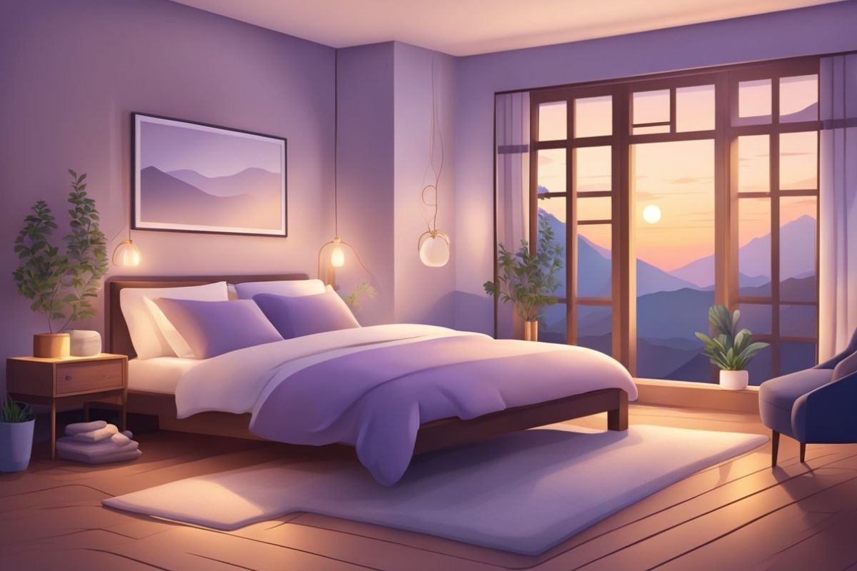 Peaceful bedroom at sunset designed to promote restful sleep with soothing colors and a calming atmosphere