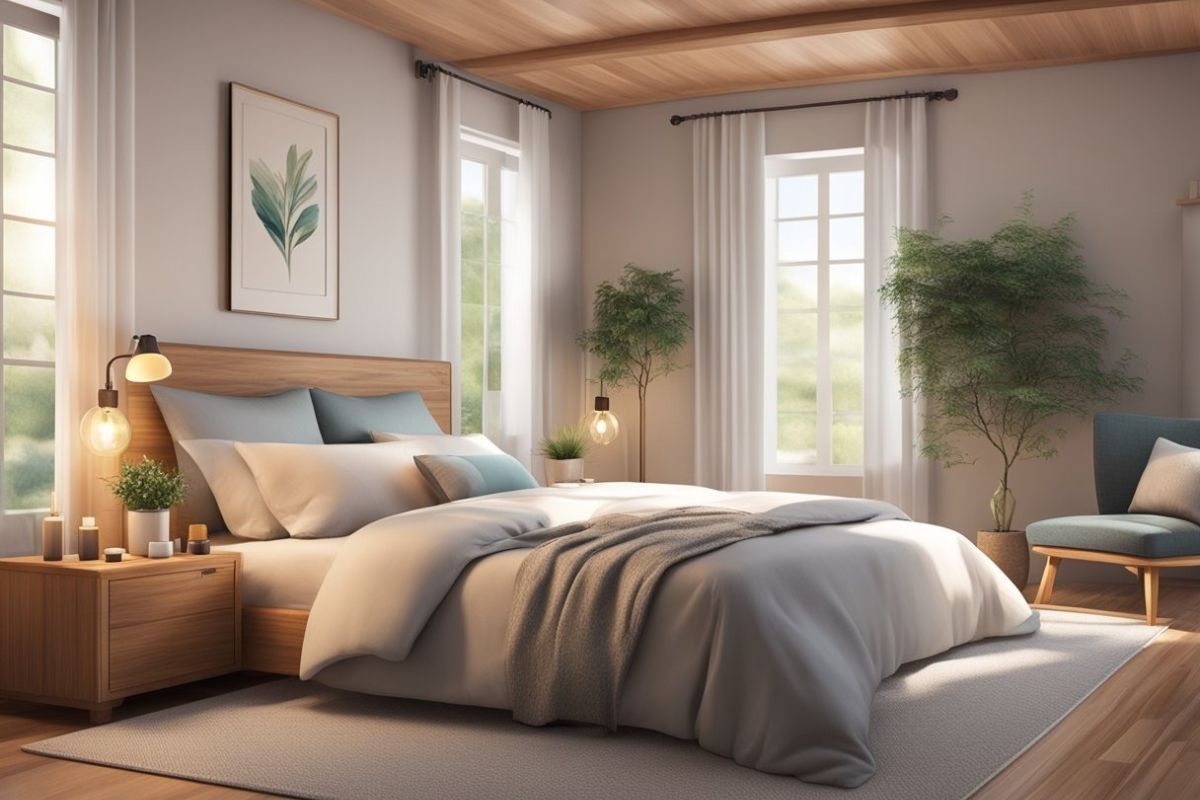 Minimalist bedroom with natural lighting and cozy bedding illustrating a healthy sleep environment for relaxation and recovery