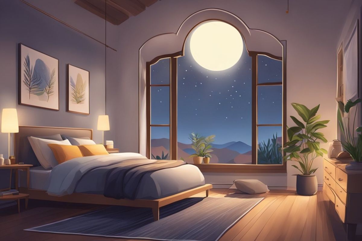 Bedroom with moonlit window and warm lighting representing a tranquil nighttime setting for deep and restful sleep