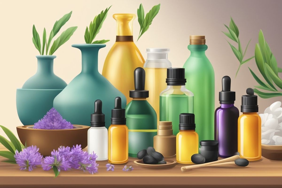 Collection of essential oil bottles and natural ingredients commonly used in aromatherapy for sleep and relaxation