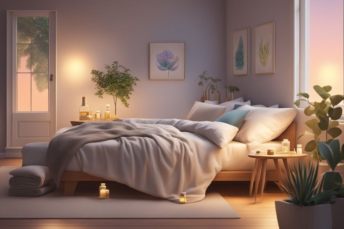 Softly lit bedroom with essential oils and candles creating a calming bedtime routine to support healthy sleep habits