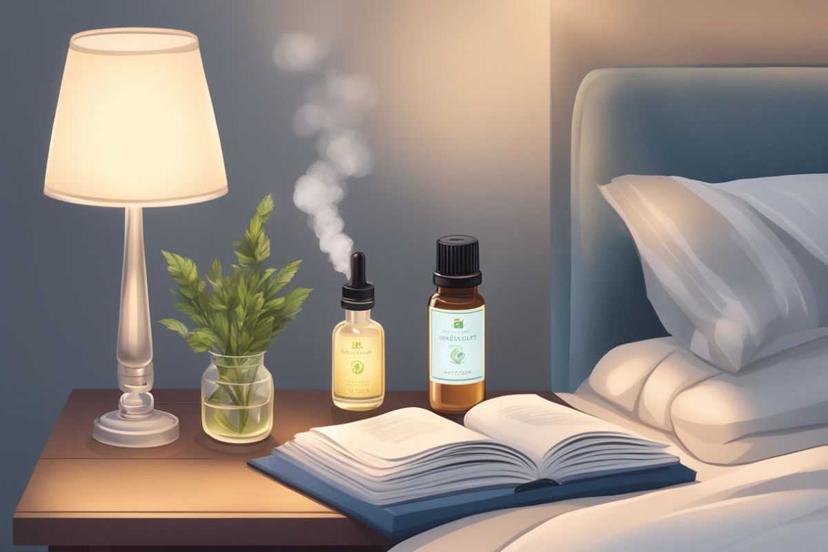Bedside table with calming essential oils, diffuser, and book creating a relaxing nighttime aromatherapy routine for better sleep