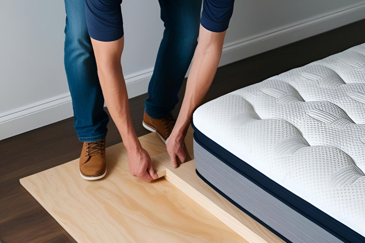 Wooden plywood board under a medium mattress used to create a firmer and more supportive sleep surface