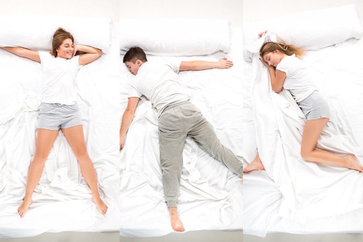 Different sleeping positions on a mattress showing how body weight and sleep style affect medium mattress firmness perception
