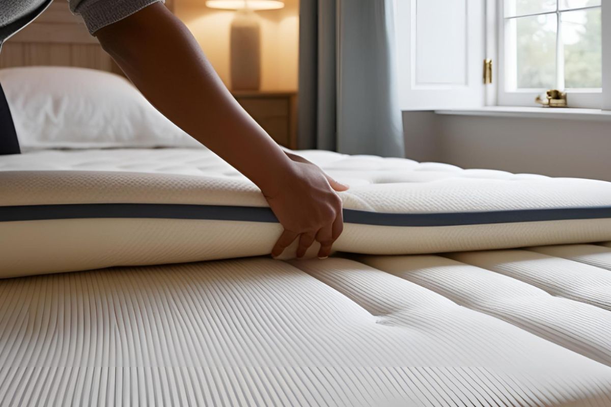 Person placing a firm mattress topper on a medium mattress to increase support and reduce sinkage