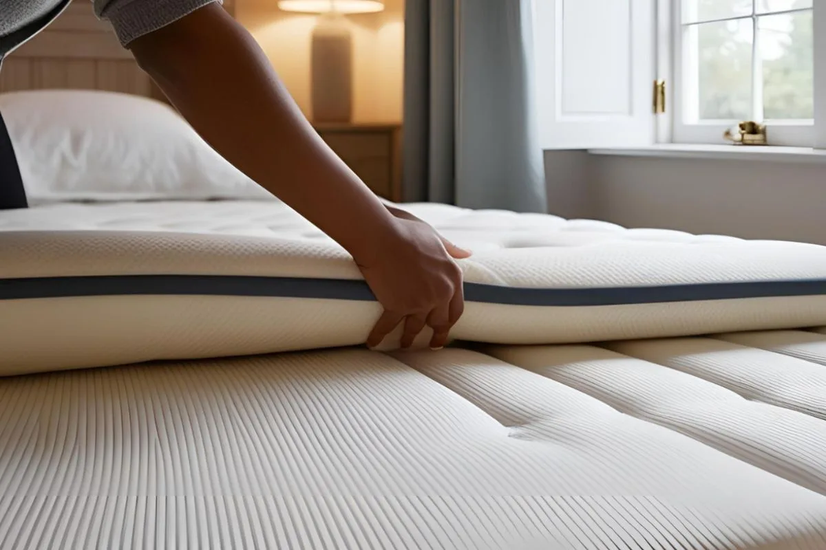Person placing a firm mattress topper on a medium mattress to increase support and reduce sinkage