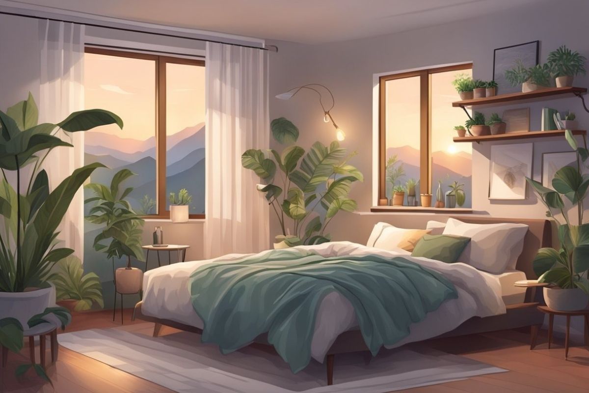 How to Sleep Better: Proven Tips to Improve Sleep Quality Peaceful bedroom filled with plants and soft natural light representing a calming sleep-friendly environment