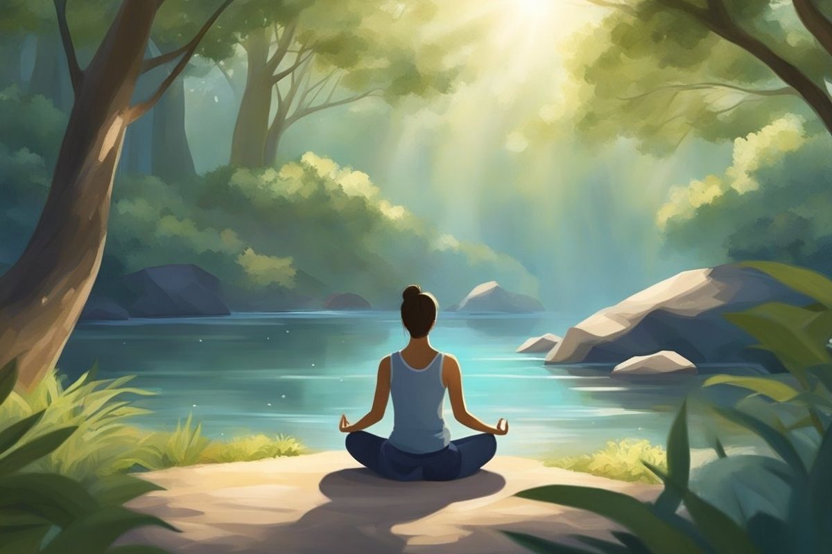 How to Sleep Better: Proven Tips to Improve Sleep Quality Person meditating outdoors near water symbolizing stress reduction techniques that help improve sleep quality
