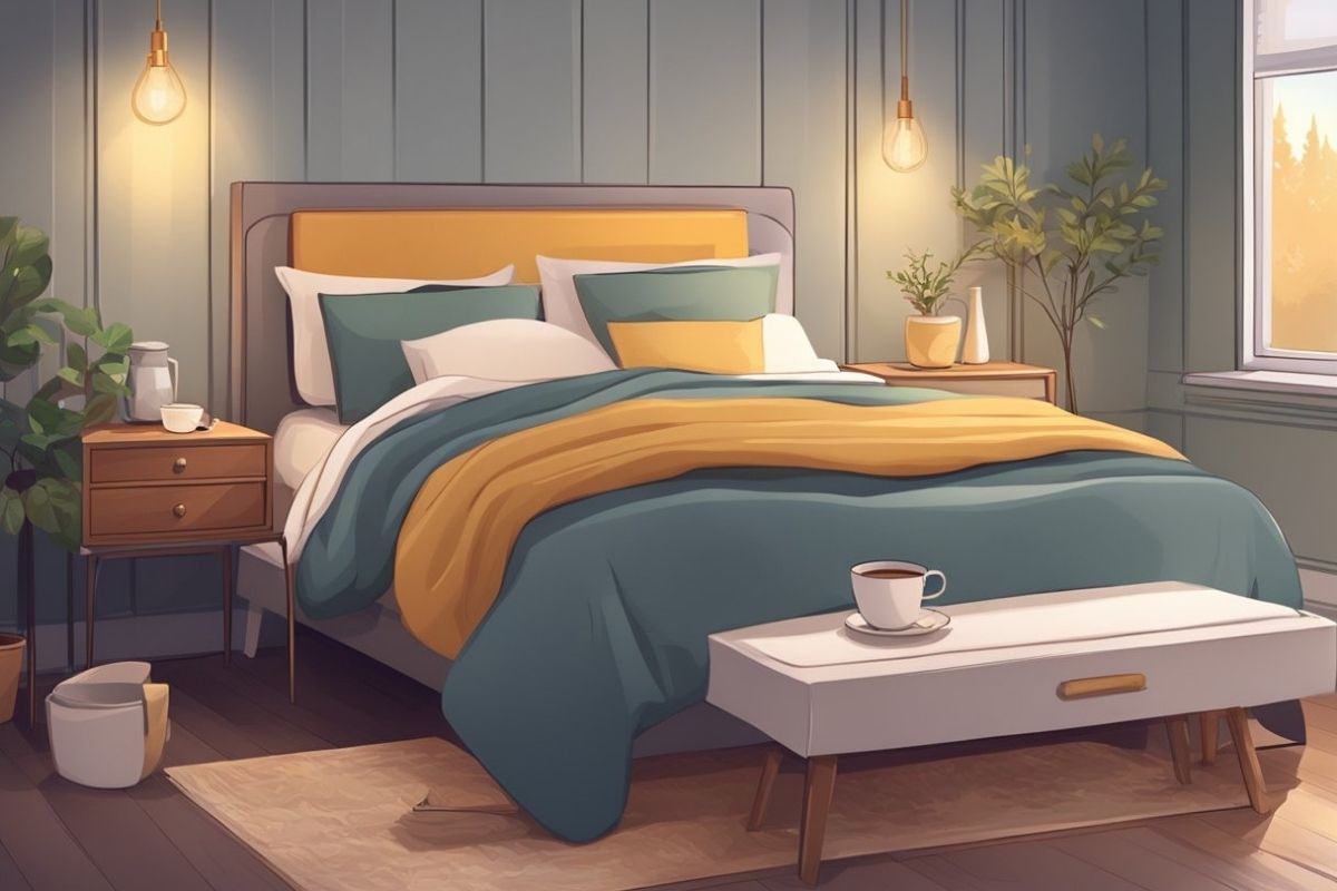 Cozy bedroom with warm lighting and calming decor illustrating healthy habits for better sleep quality