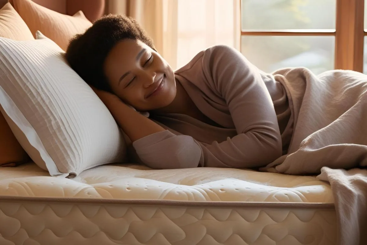 Woman sleeping comfortably on a medium mattress designed to balance softness and full-body support