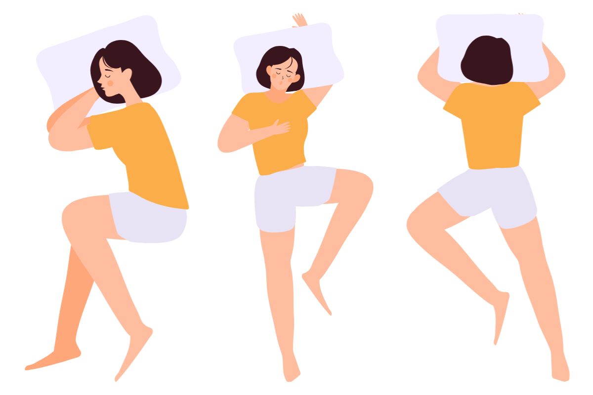 Different sleeping positions illustrating how side, back, and stomach sleepers may need different mattress firmness levels for back pain relief