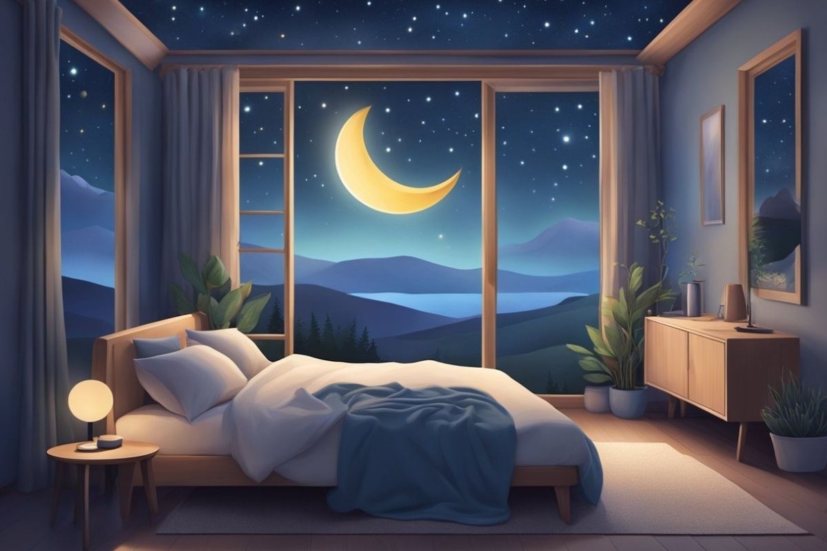Understanding the Stages of Sleep: Light, Deep, and REM Explained Cozy bedroom under a moonlit sky representing healthy sleep habits and restful nighttime sleep stages