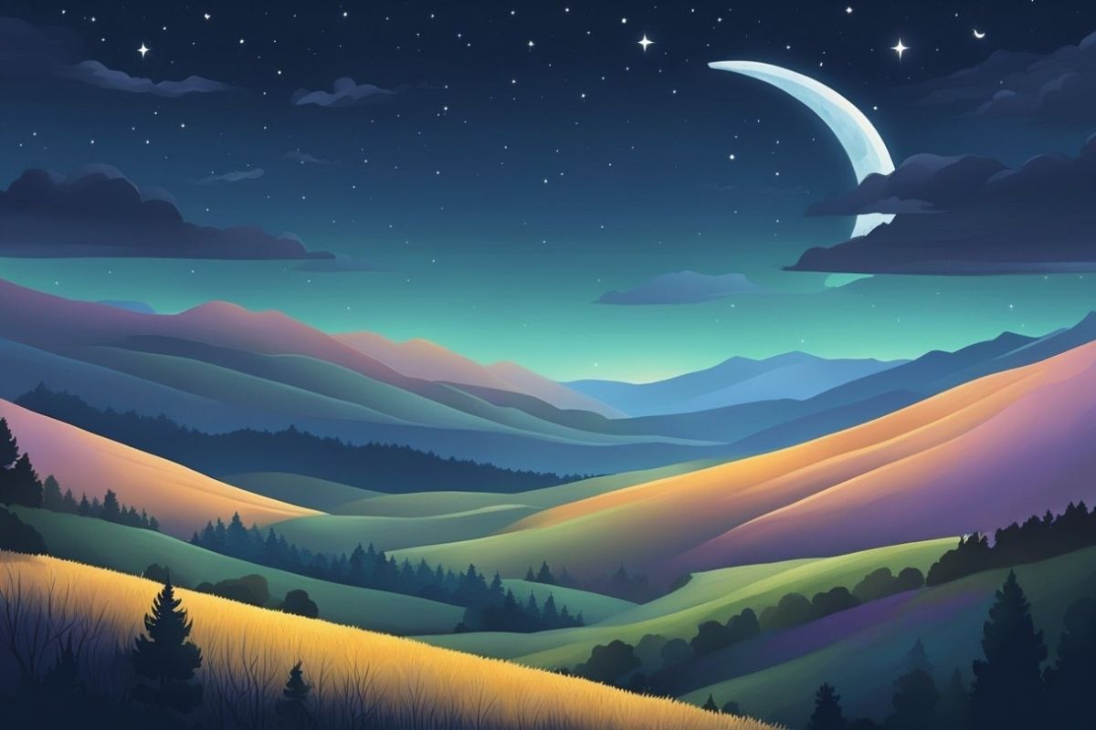 Understanding the Stages of Sleep: Light, Deep, and REM Explained Dreamlike nighttime hills and crescent moon illustrating REM sleep and the body’s overnight recovery process