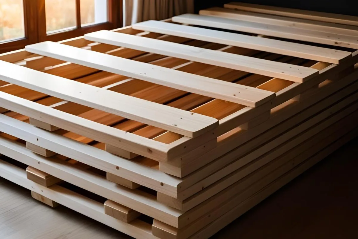 What Is Bed Anatomy? Wooden bed slats stacked together showing the support foundation used in bed frame anatomy