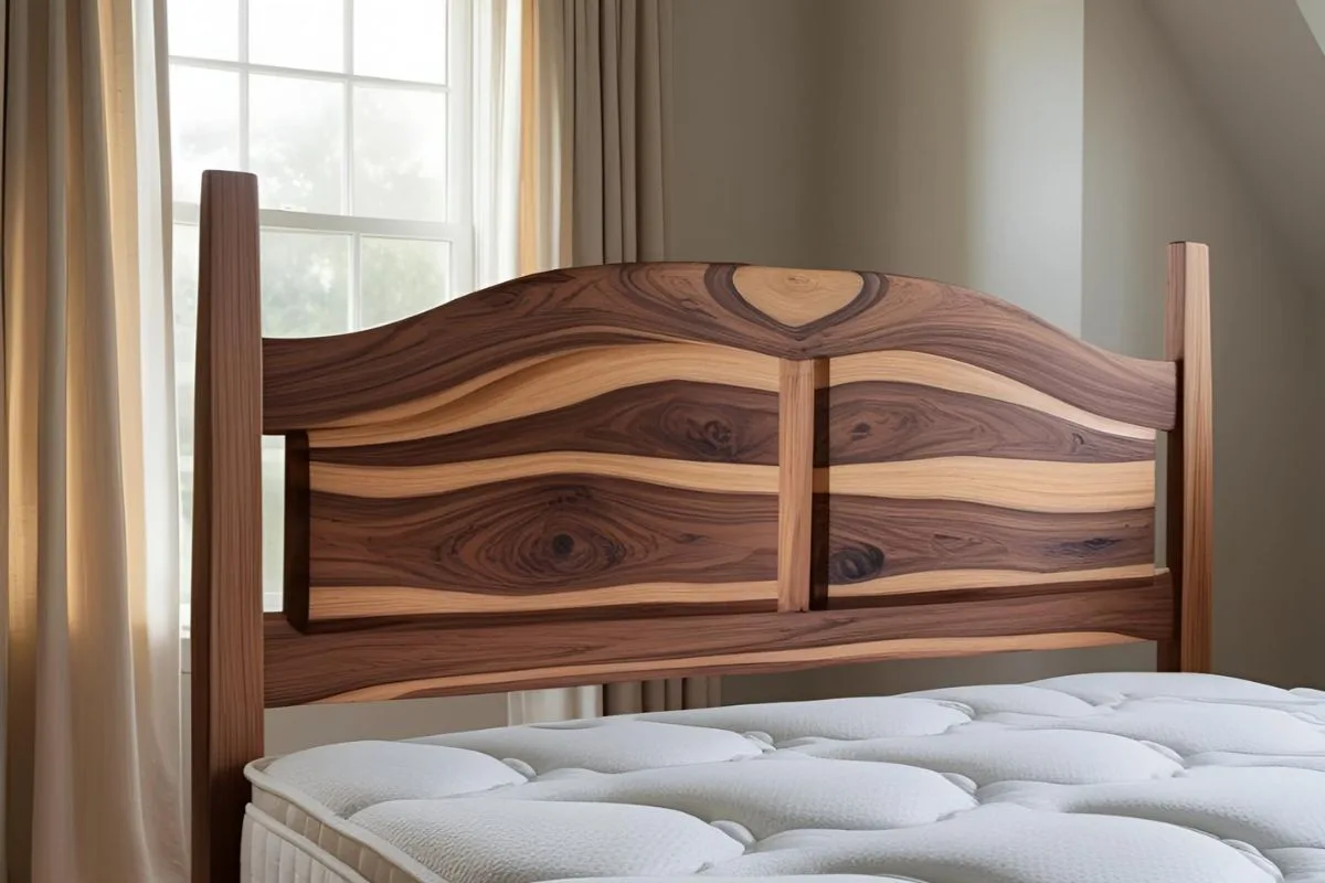 What Is Bed Anatomy? Wooden headboard attached to a mattress illustrating the decorative and structural parts of bed anatomy