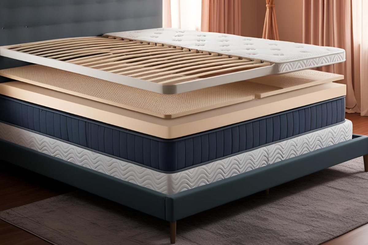 Exploded view of a mattress and bed frame showing the different layers and structural components in bed anatomy