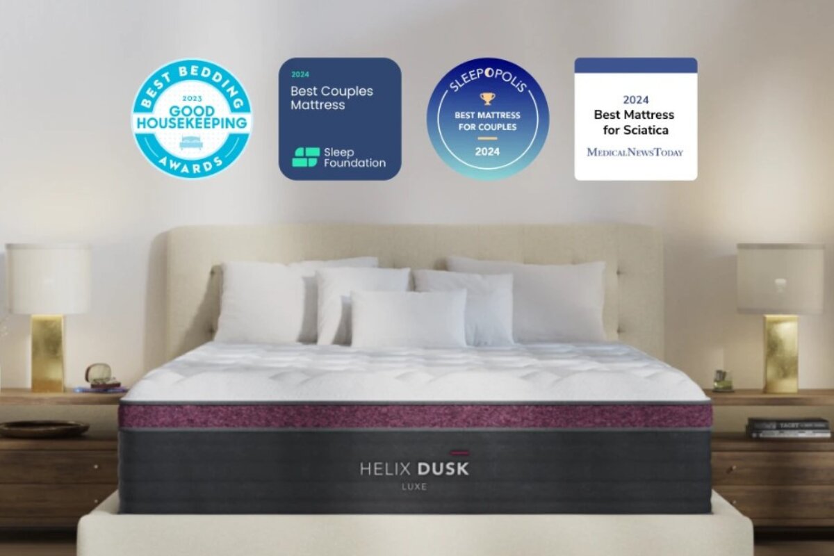 helix dusk luxe mattress in a bedroom with award badges highlighting comfort and sleep support