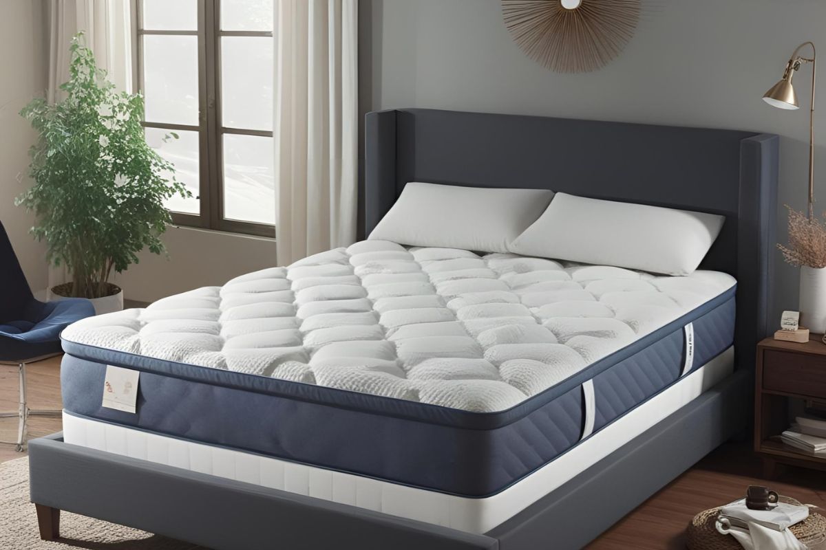 Plush hybrid mattress displayed in a bedroom showing comfort, support, and thickness for mattress buying decisions