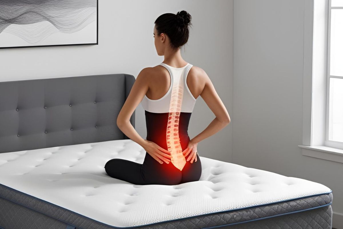 Woman sitting on a mattress with highlighted spine alignment to demonstrate proper back support when choosing a mattress