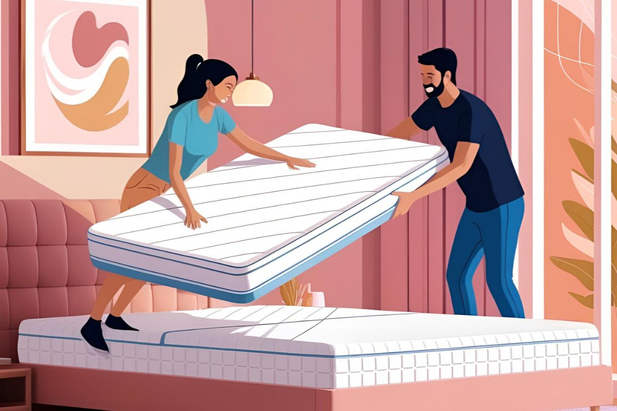 Couple placing a mattress topper on a bed to make a too soft mattress feel firmer and more supportive