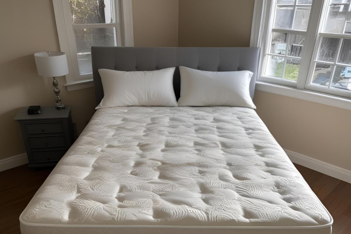 Soft mattress with visible body impressions showing sagging and uneven support in a bedroom setting