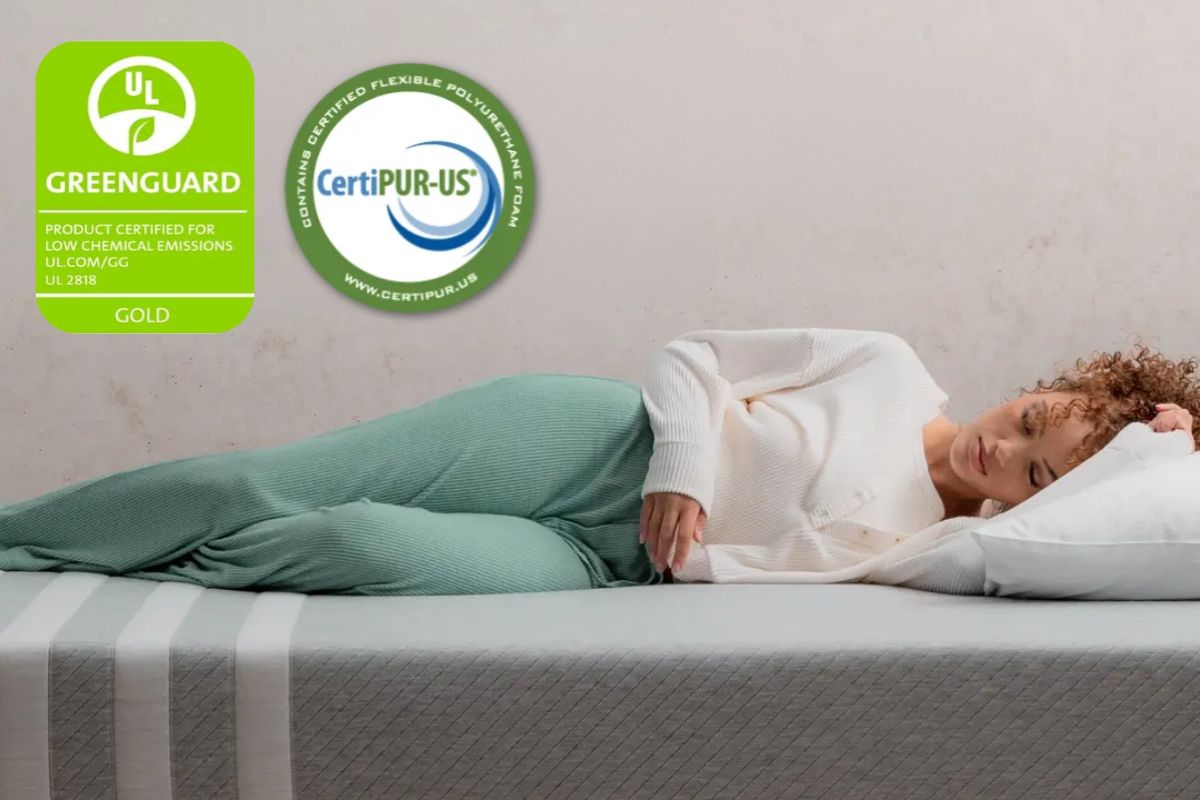 Sleeper resting on Leesa Original Mattress with CertiPUR-US and GREENGUARD Gold certifications highlighting mattress safety standards