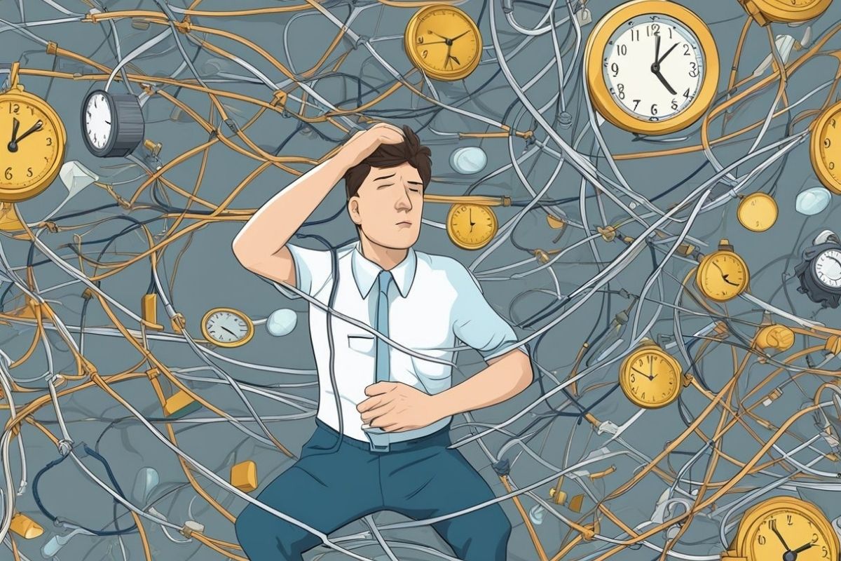 Stressed and sleep-deprived person surrounded by clocks illustrating how lack of sleep can weaken the immune system