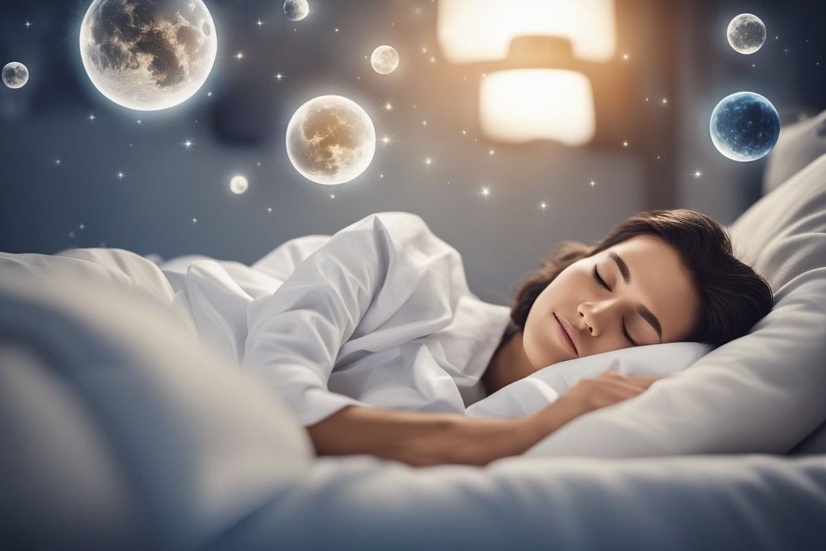 Sleep and Mental Health: How Does Sleep Affect Mental Health Woman sleeping soundly under a night sky graphic, representing how healthy sleep supports mental health and cognitive function