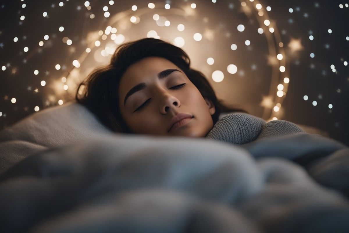 Sleep and Mental Health: How Does Sleep Affect Mental Health Close-up of a restful sleeper surrounded by soft lights, highlighting the role of deep sleep in stress reduction and mental recovery