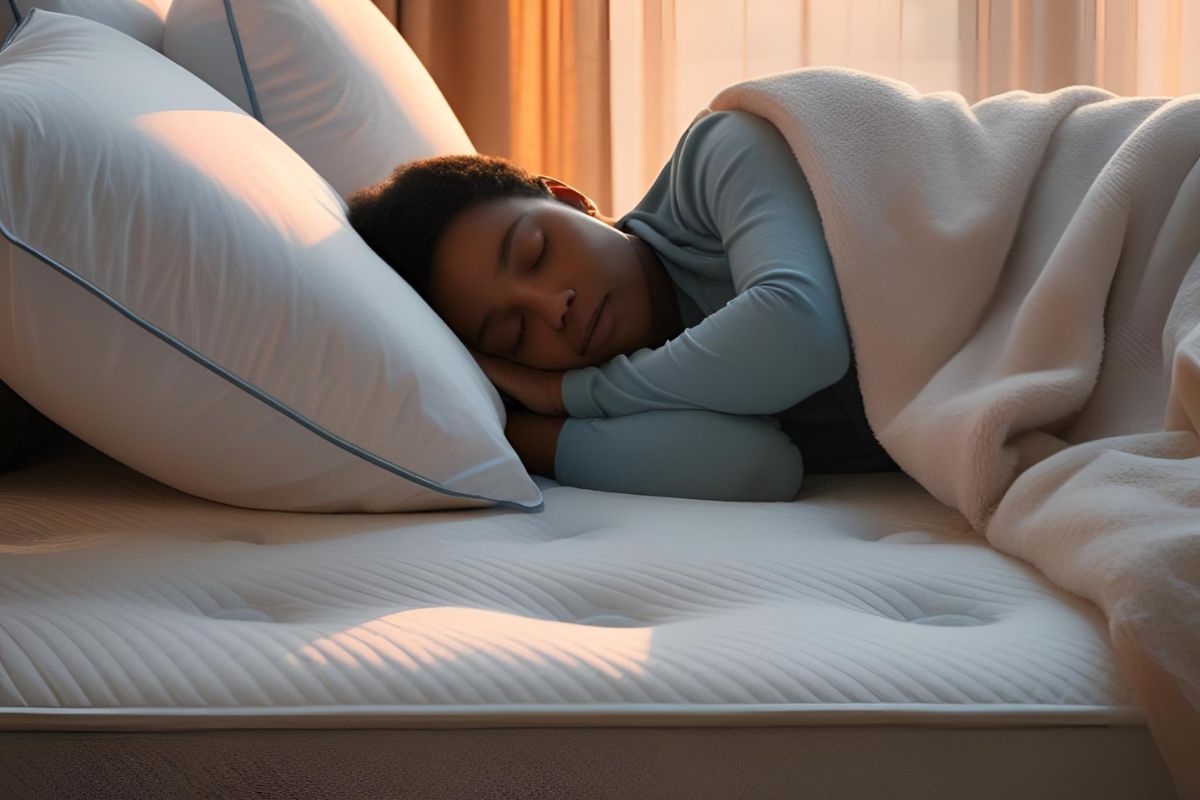 Sleeper resting comfortably on a soft mattress, showing the pressure-relieving contouring and plush feel often preferred by side sleepers