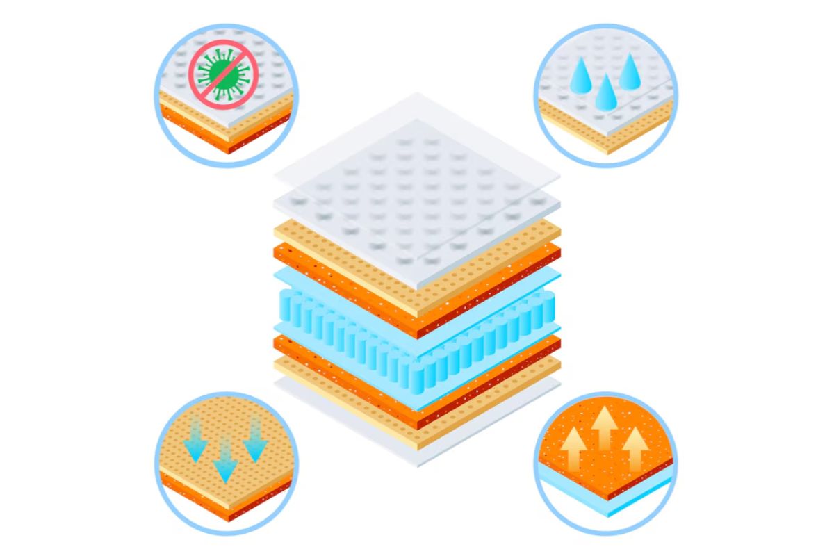 What Are Mattresses Made Of? Mattress construction diagram highlighting breathable layers, moisture resistance, and pressure-relief materials