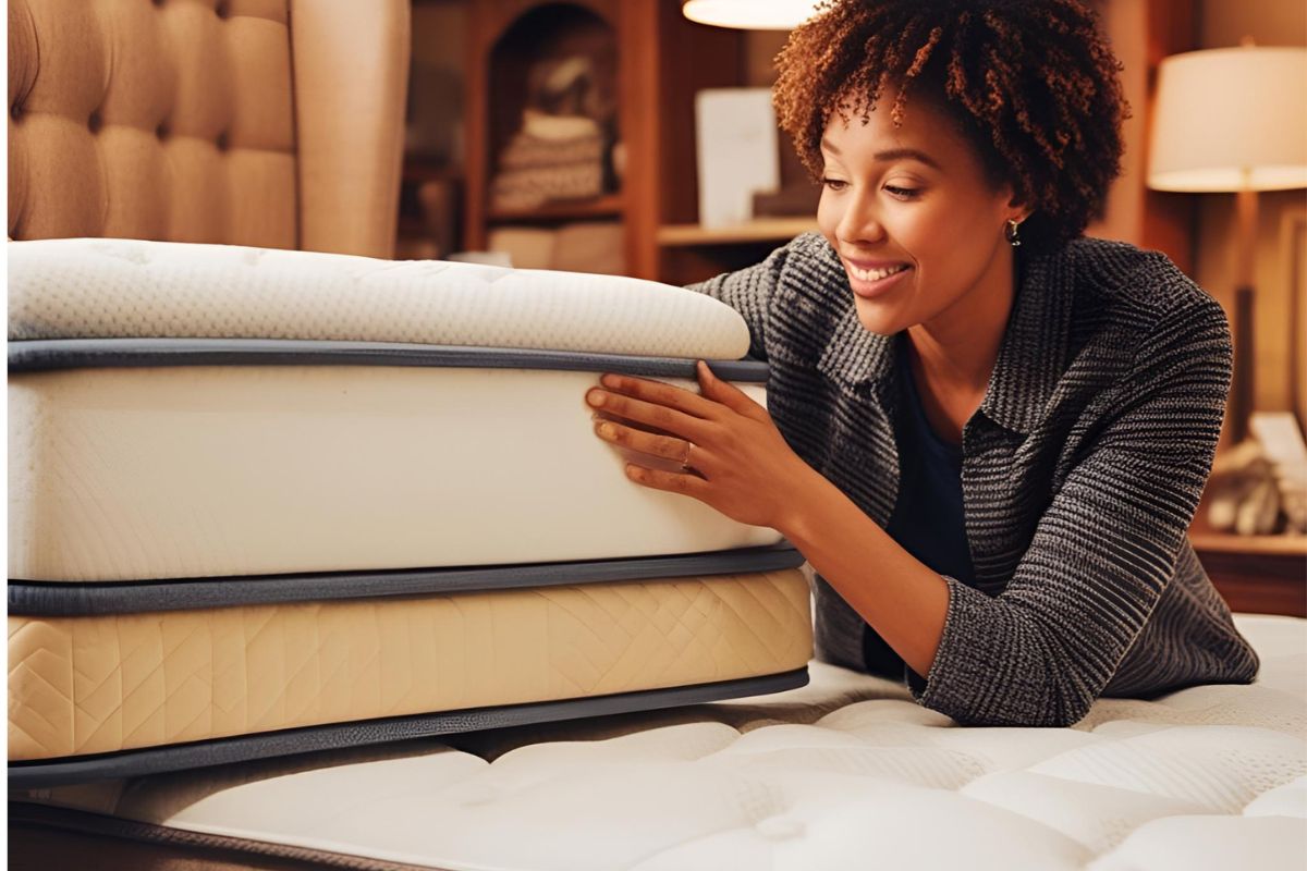 What Are Mattresses Made Of? Woman examining stacked mattress layers to understand the different materials used in mattress construction
