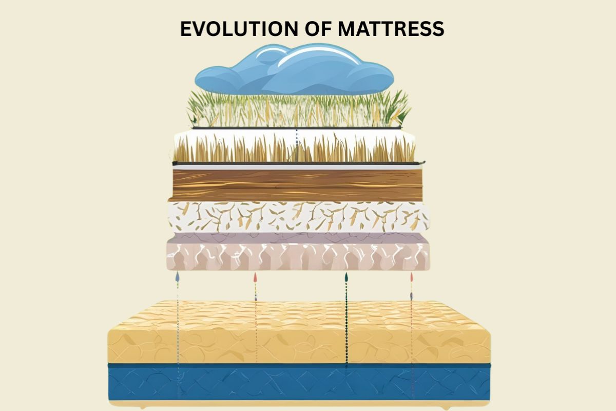 Illustration showing the evolution of mattresses from natural bedding materials to modern layered mattress construction