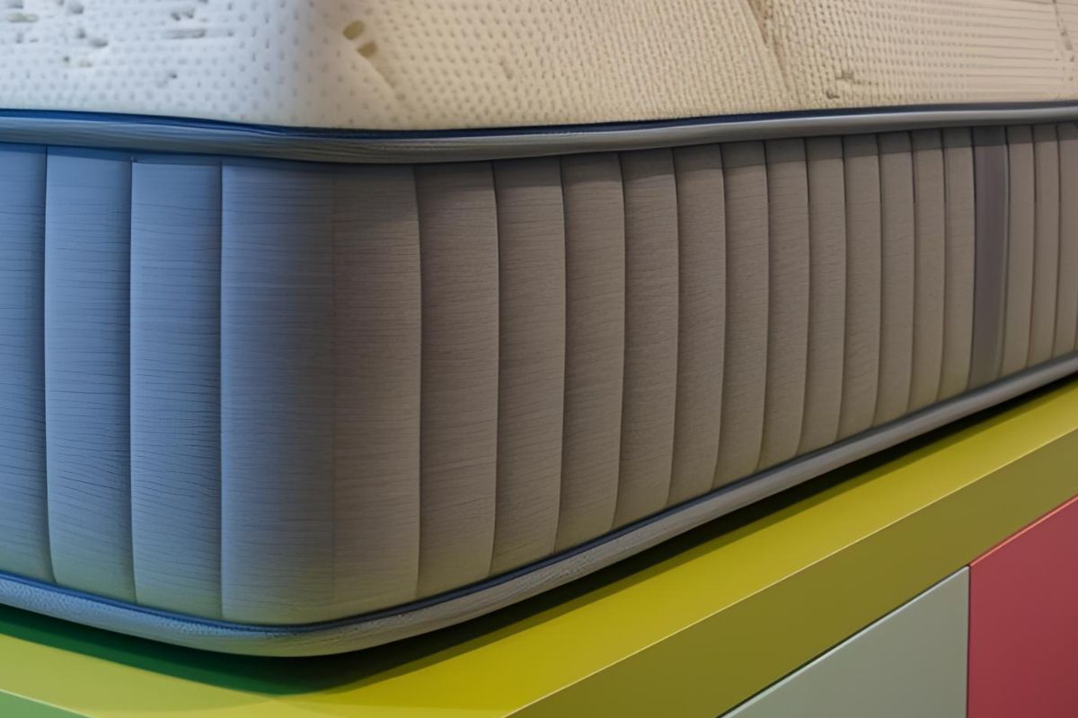 Close-up of a modern mattress side panel highlighting advanced support layers and contemporary mattress engineering