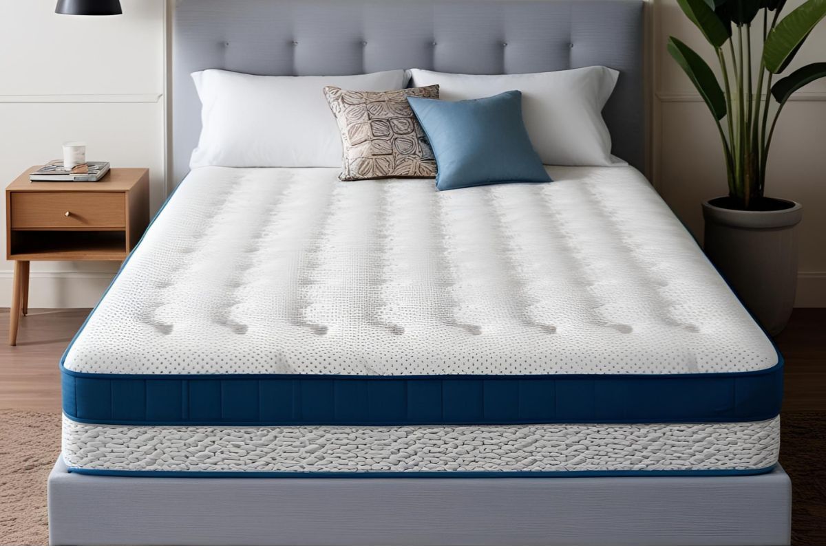 Contemporary hybrid mattress on a bed frame representing the modern development of mattress comfort and support systems
