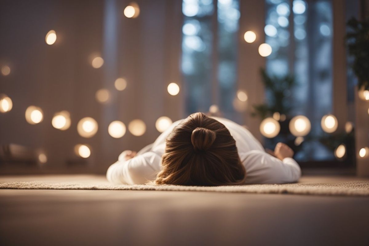 Yoga Nidra for Sleep: Achieve Deep Rest With Guided Meditation Person resting in a reclined Yoga Nidra position with soft lighting, highlighting a common posture used for guided sleep meditation