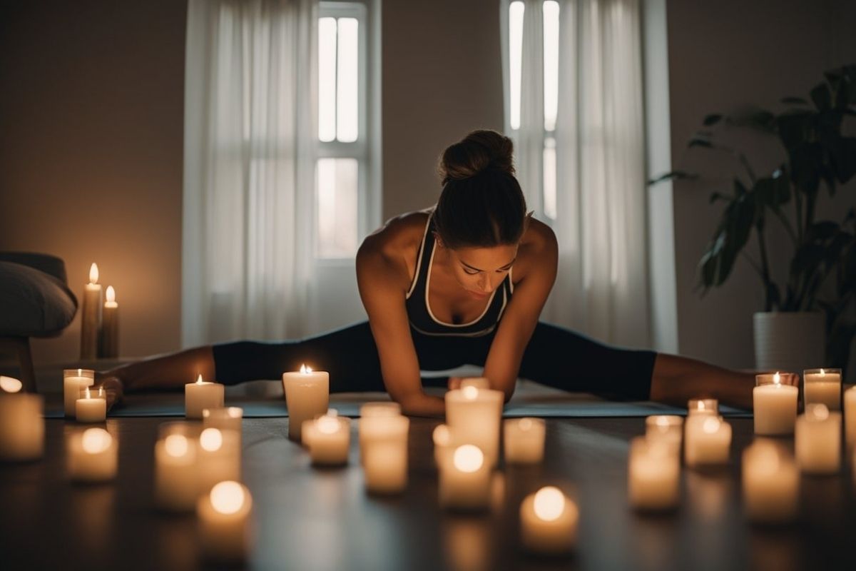 Yoga Nidra for Sleep: Achieve Deep Rest With Guided Meditation Person practicing a calming Yoga Nidra stretch in a candlelit room to prepare the body and mind for deeper sleep