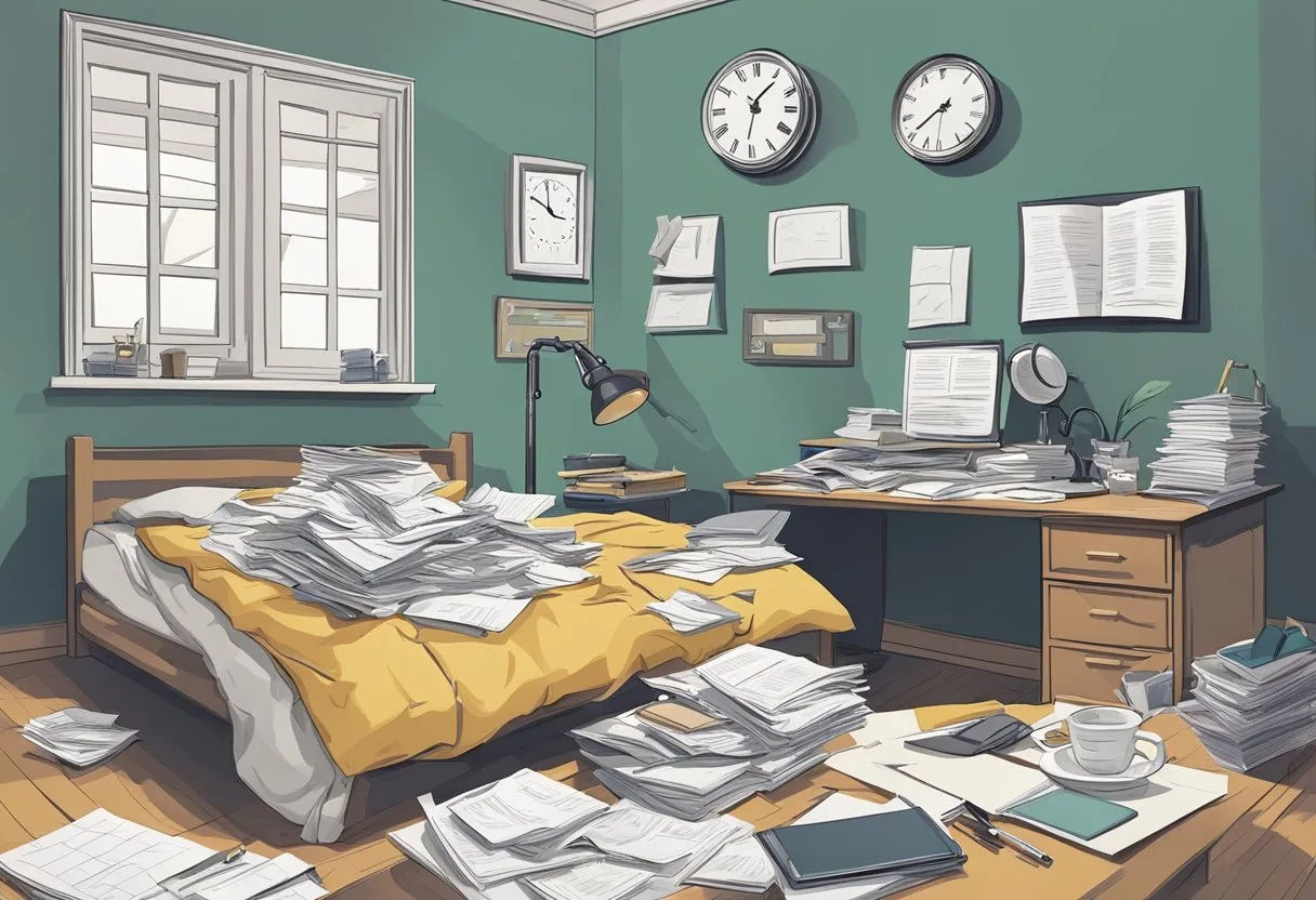 Cluttered bedroom with paperwork covering the bed and desk, illustrating how adhd-related disorganization and racing thoughts can contribute to sleep problems and insomnia