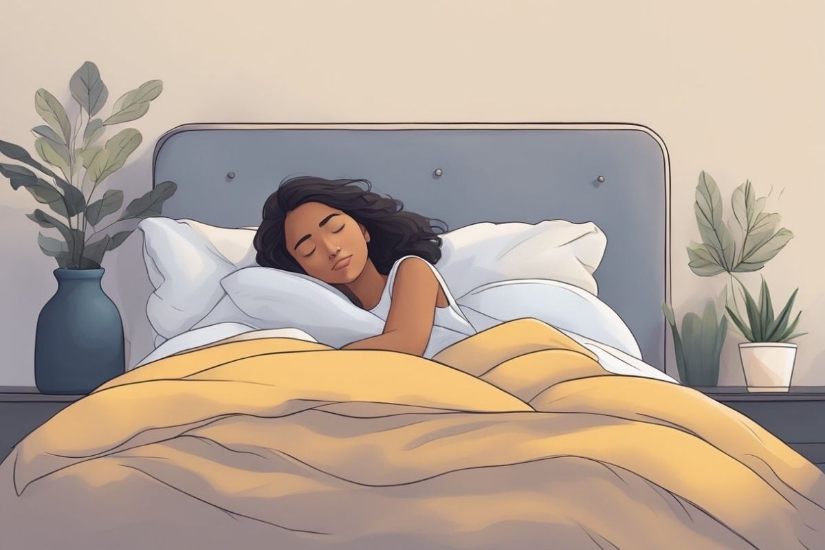 Woman sleeping comfortably on her side illustrating a supportive sleep position for lower back pain relief