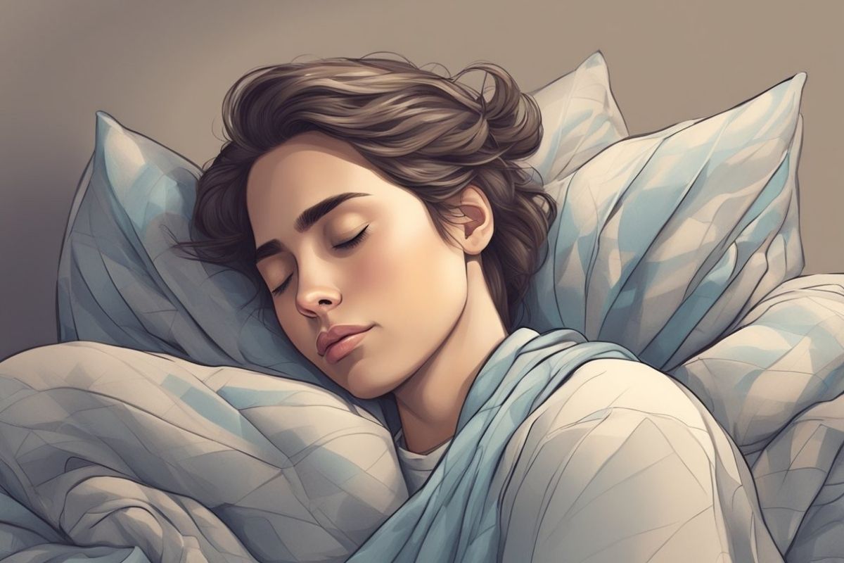 Close-up of a woman resting on supportive pillows to demonstrate proper spinal alignment during sleep