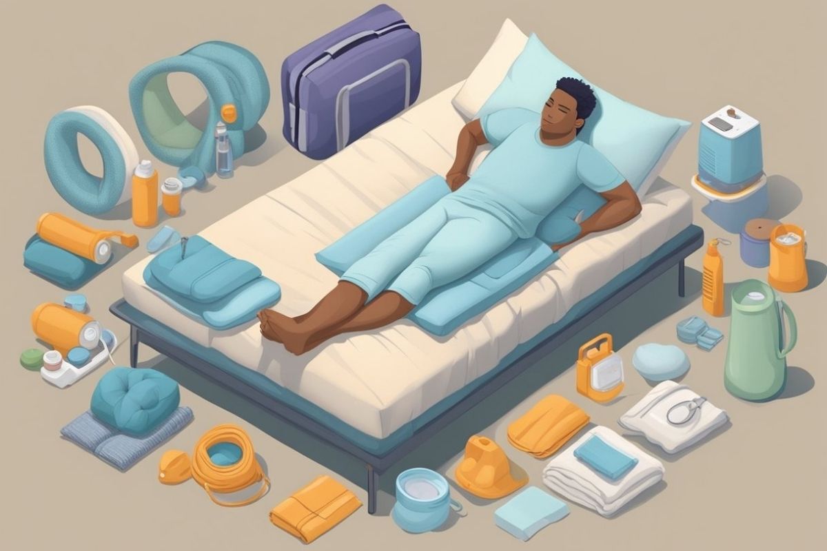 Person using pillows and sleep support accessories to reduce pressure on the lower back while sleeping