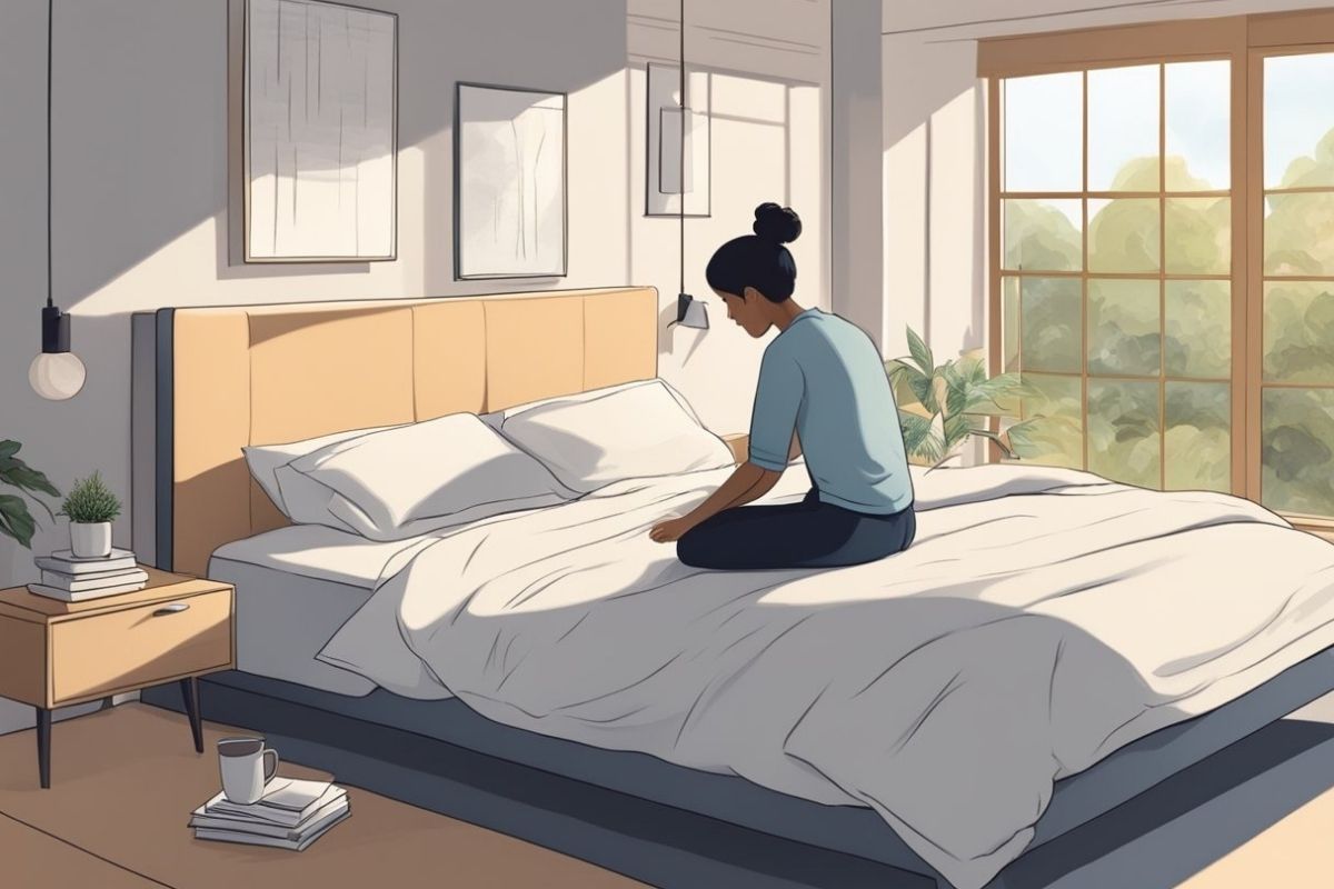 Woman sitting on the edge of a bed showing discomfort and sleep struggles caused by lower back pain