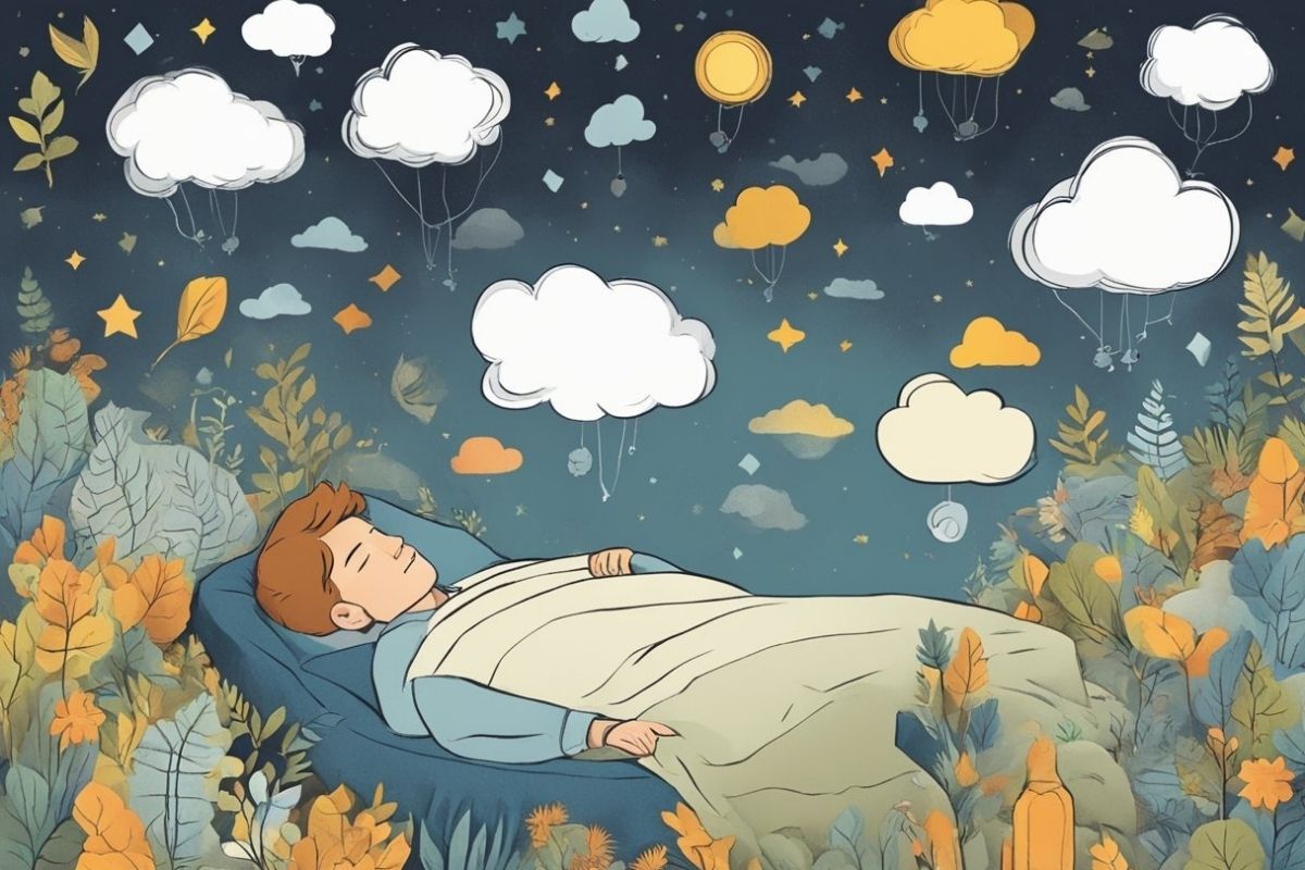 Person sleeping under a dream-filled night sky symbolizing sleep patterns and the effects of Ozempic on rest
