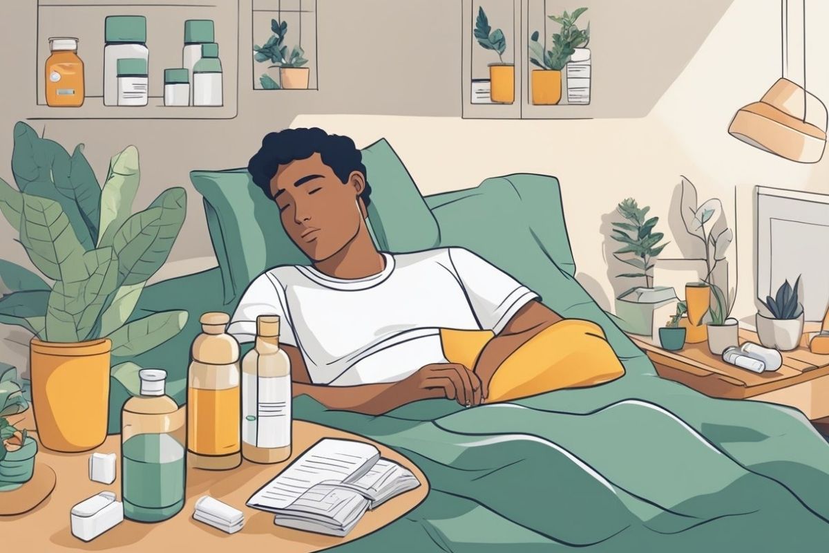 Individual resting in bed with medications nearby showing how Ozempic treatment may impact sleep and recovery