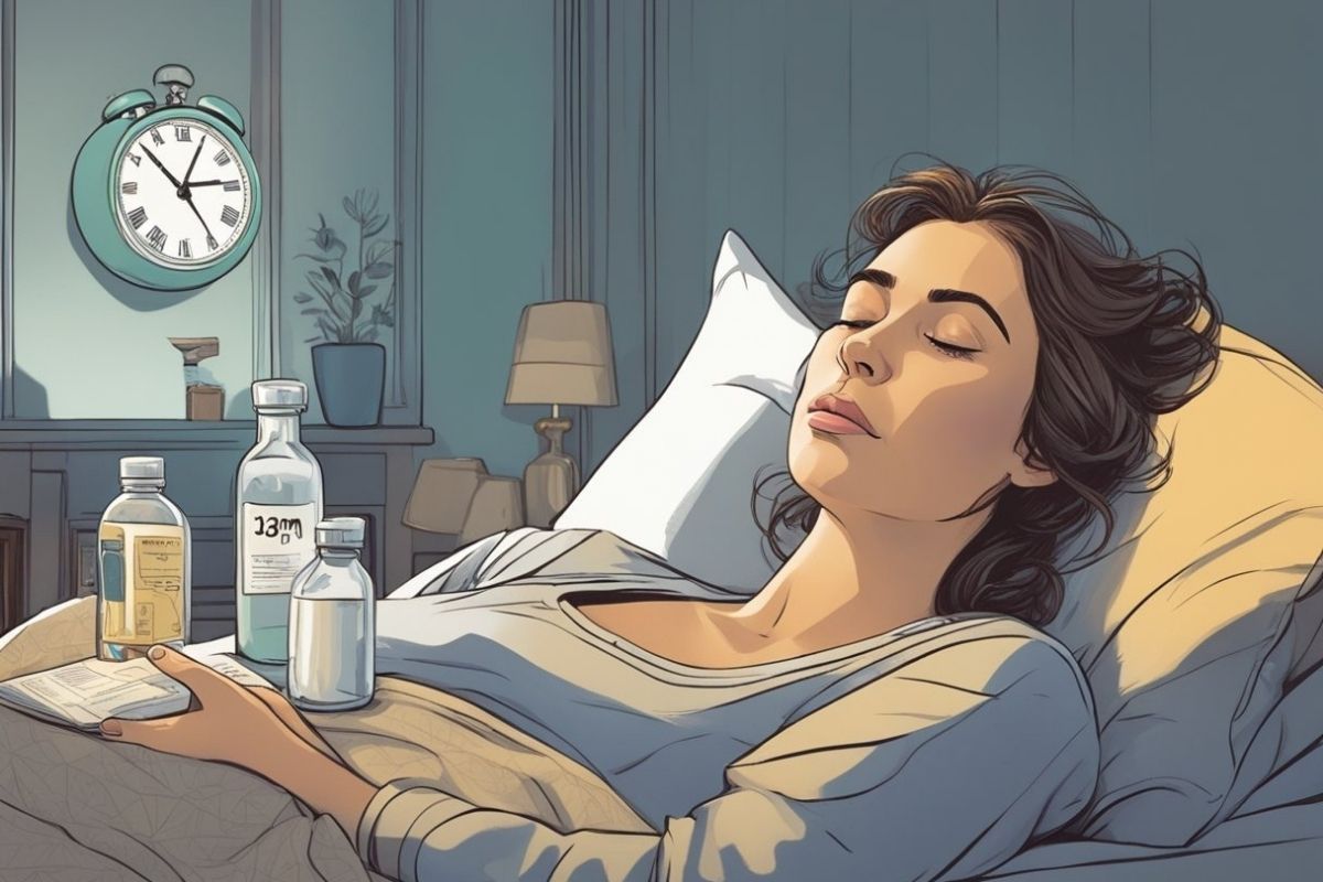 Woman sleeping beside medication bottles illustrating fatigue, sleep changes, and Ozempic-related insomnia concerns