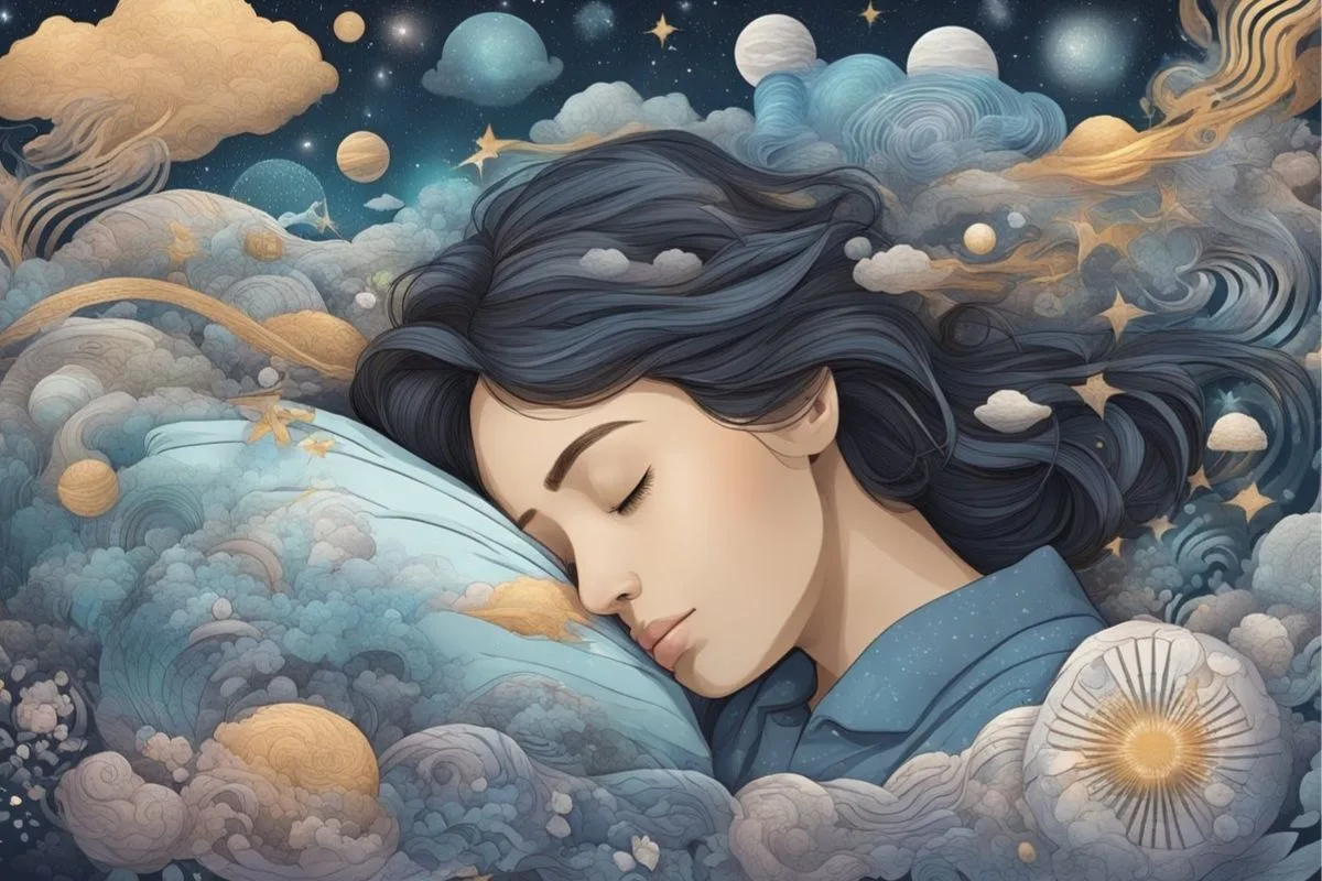 How Long Can You Go Without Sleep: Effects and Risks of Sleep Deprivation Peacefully sleeping woman surrounded by dreamlike clouds and stars representing the restorative benefits of healthy sleep